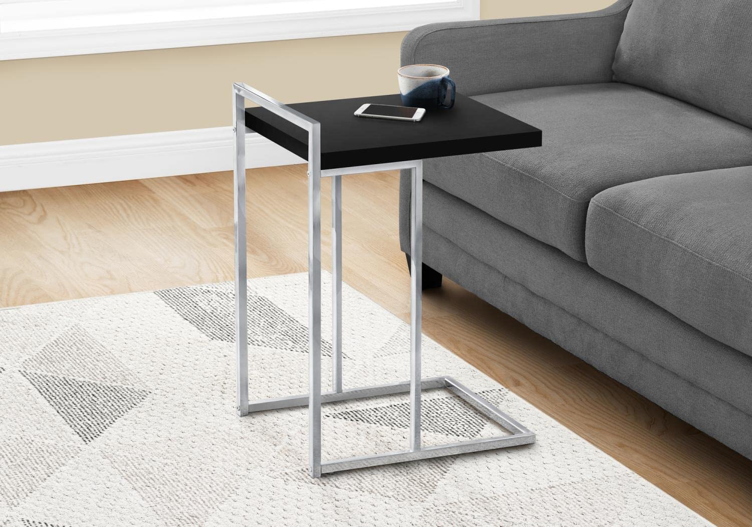 Monarch Specialties I 3640 Accent Table, C-Shaped, End, Side, Snack, Living Room, Bedroom, Metal, Laminate, Black, Chrome, Contemporary, Modern